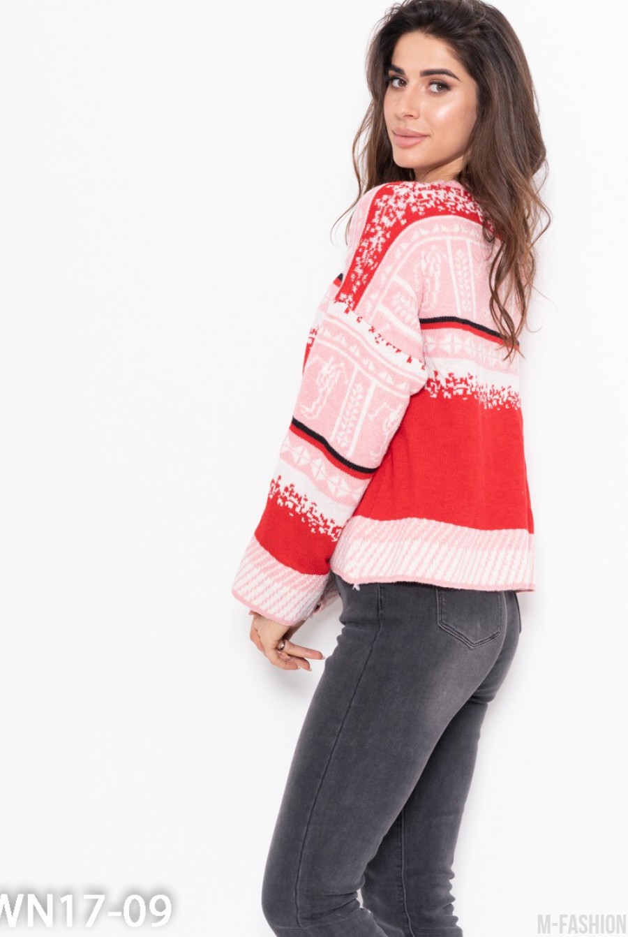 Розовый свитер с контрастным вязаным узором- Фото 2