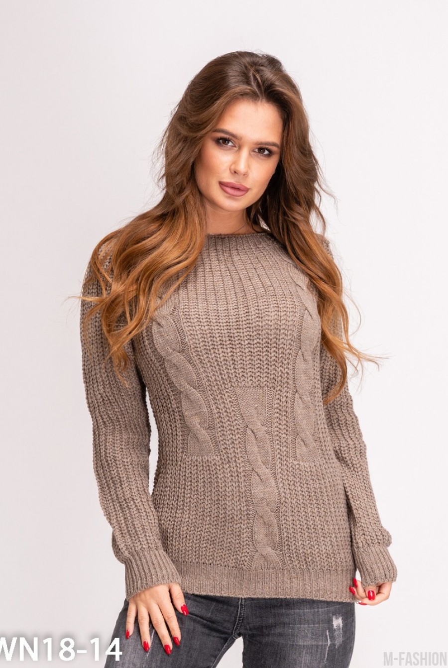 Коричневый шерстяной теплый свитер комбинированной вязки - Фото 1