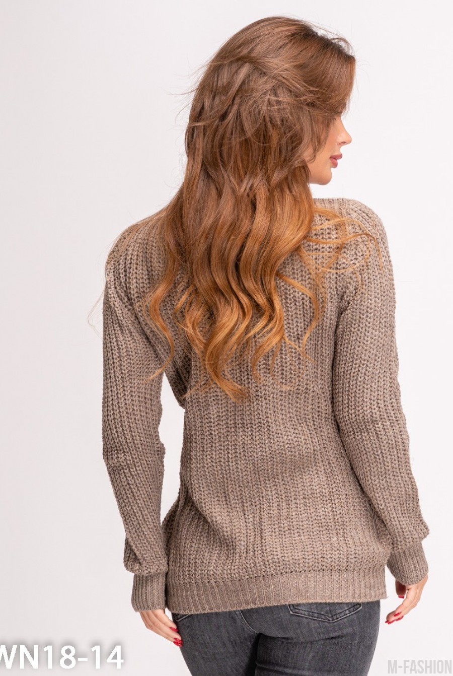 Коричневый шерстяной теплый свитер комбинированной вязки- Фото 3
