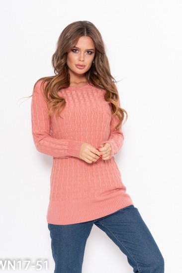 Персиковый шерстяной вязаный удлиненный свитер