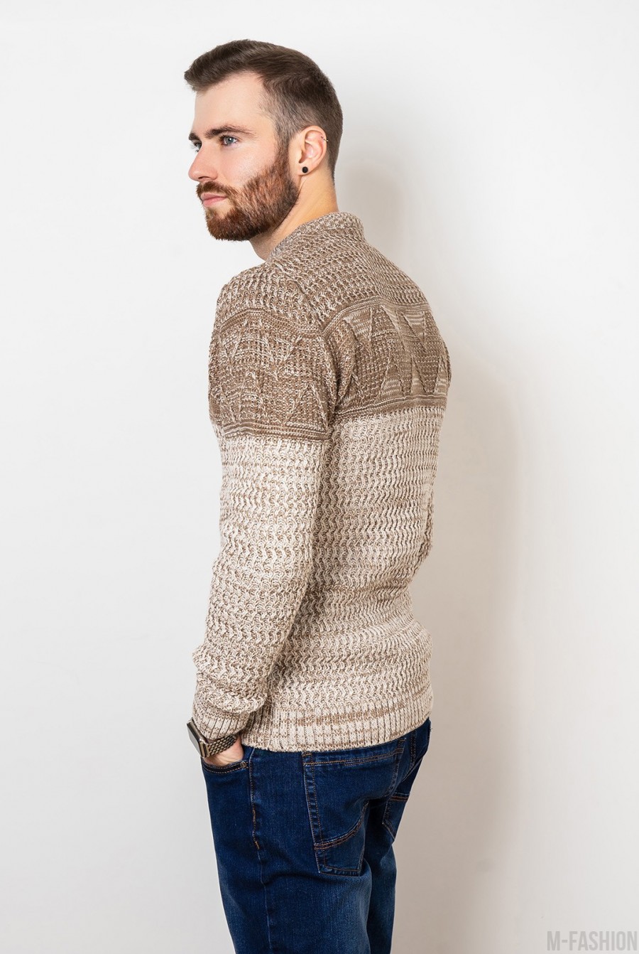 Бежевый шерстяной свитер комбинированной вязки- Фото 2