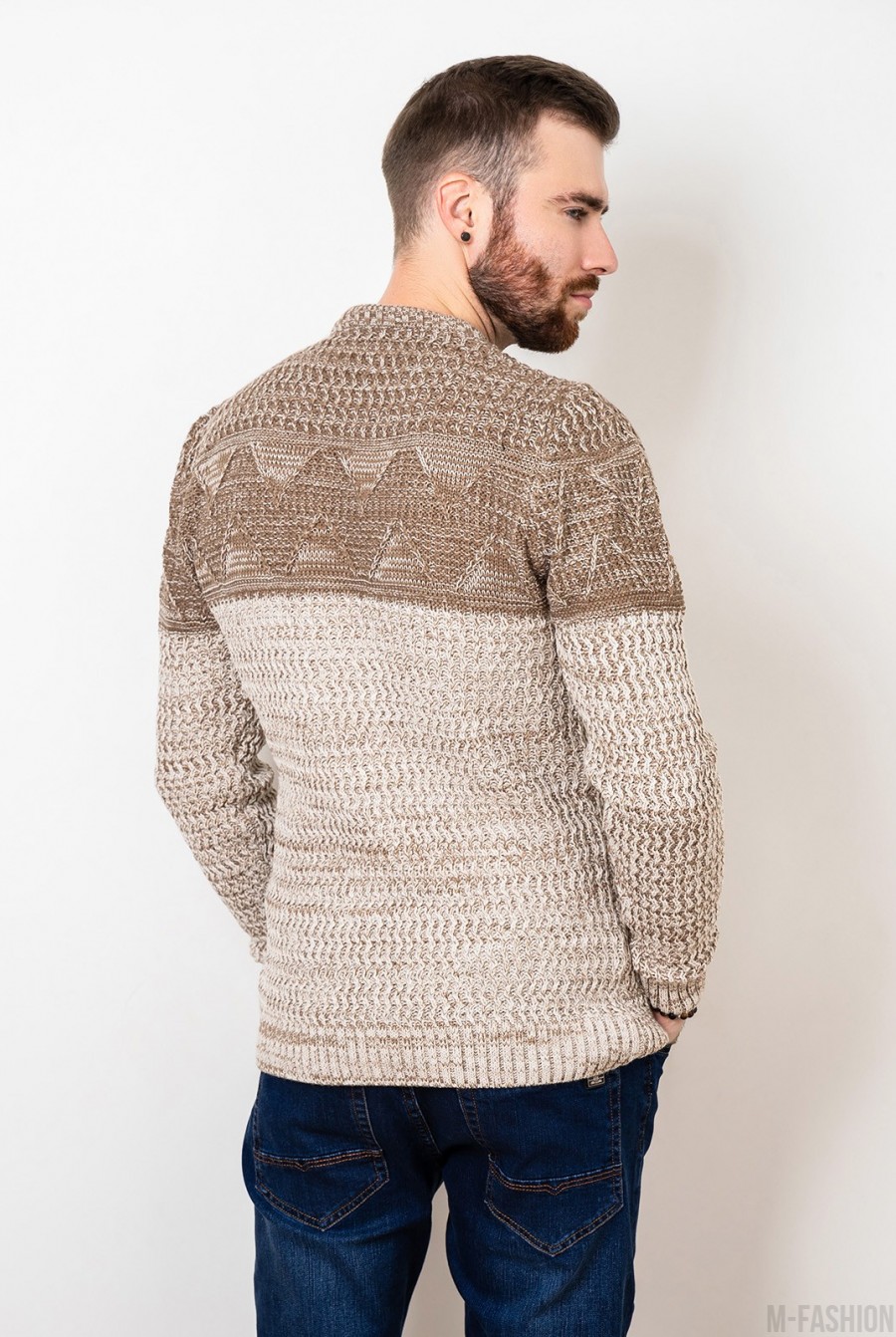 Бежевый шерстяной свитер комбинированной вязки- Фото 3