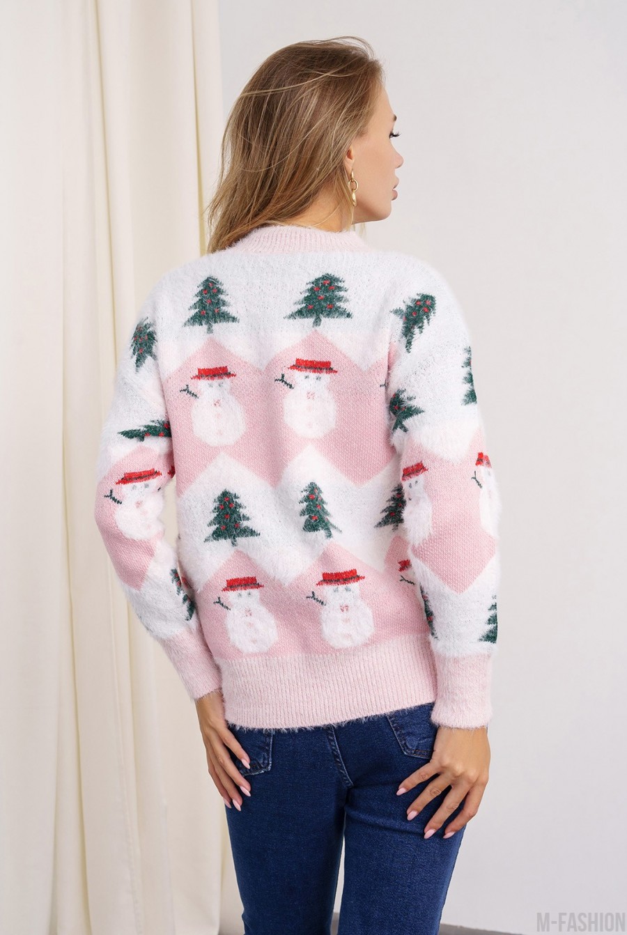 Мохеровый розовый теплый свитер со снеговиками- Фото 3