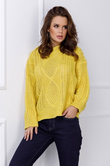 Желтый шерстяной свитер ажурной вязки