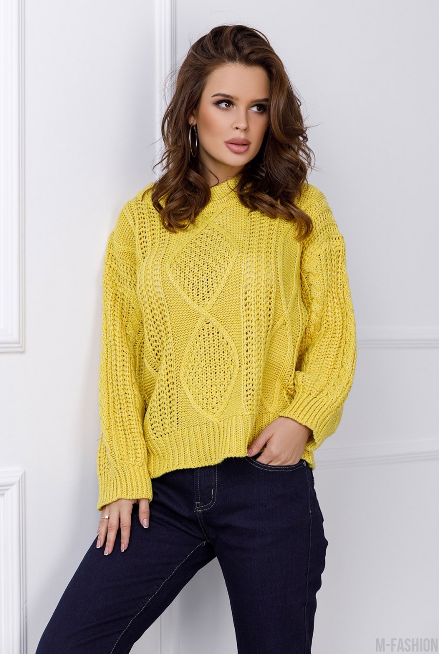 Желтый шерстяной свитер ажурной вязки - Фото 1