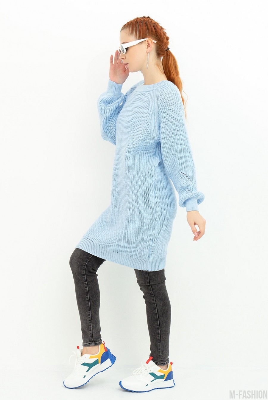 Голубой вязаный свитер-платье- Фото 2