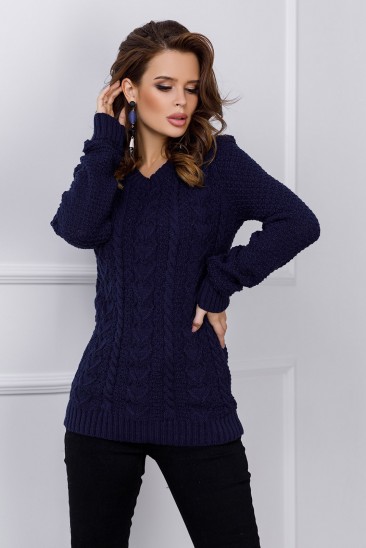 Темно-синий шерстяной свитер ажурной вязки