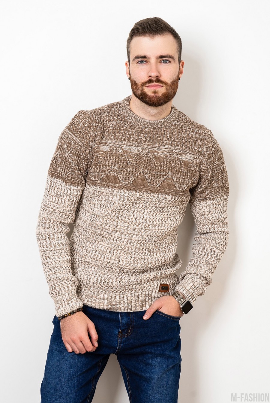 Бежевый шерстяной свитер комбинированной вязки - Фото 1