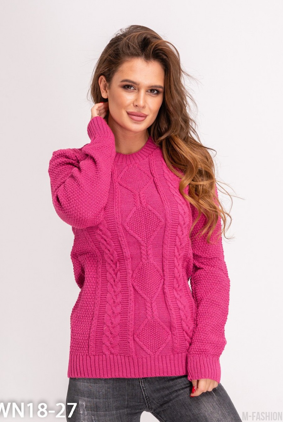 Розовый шерстяной свитер с узором "Аран" - Фото 1