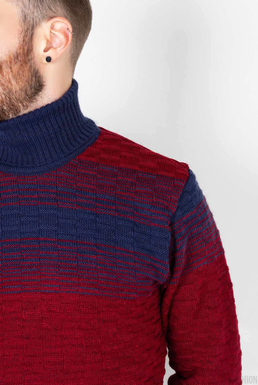 Бордово-синий вязаный свитер с высоким горлом- Фото 3