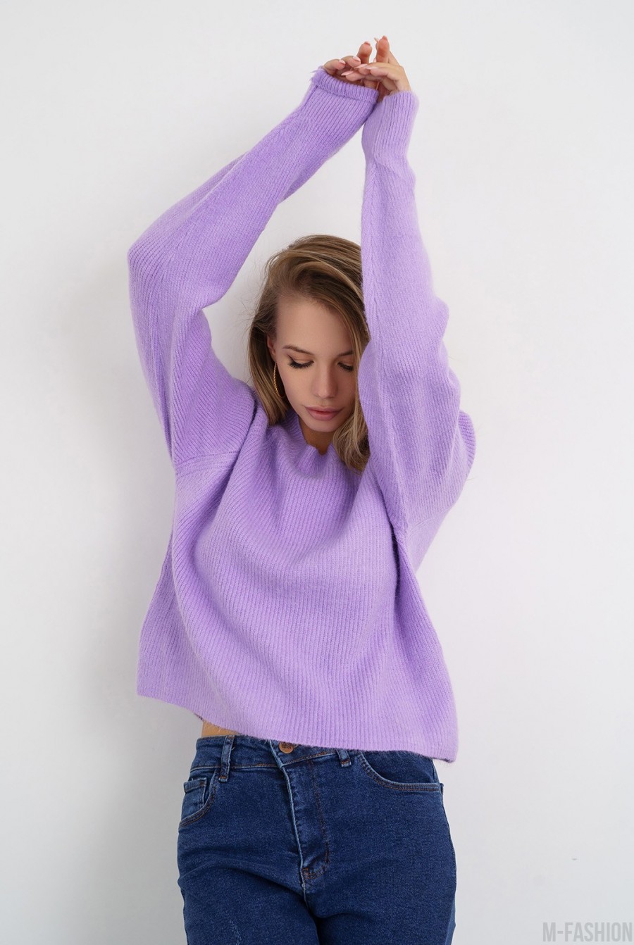 Сиреневый шерстяной вязаный свитер - Фото 1
