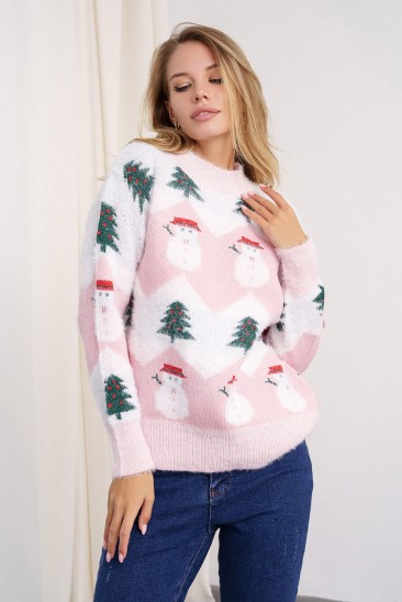 Мохеровый розовый теплый свитер со снеговиками