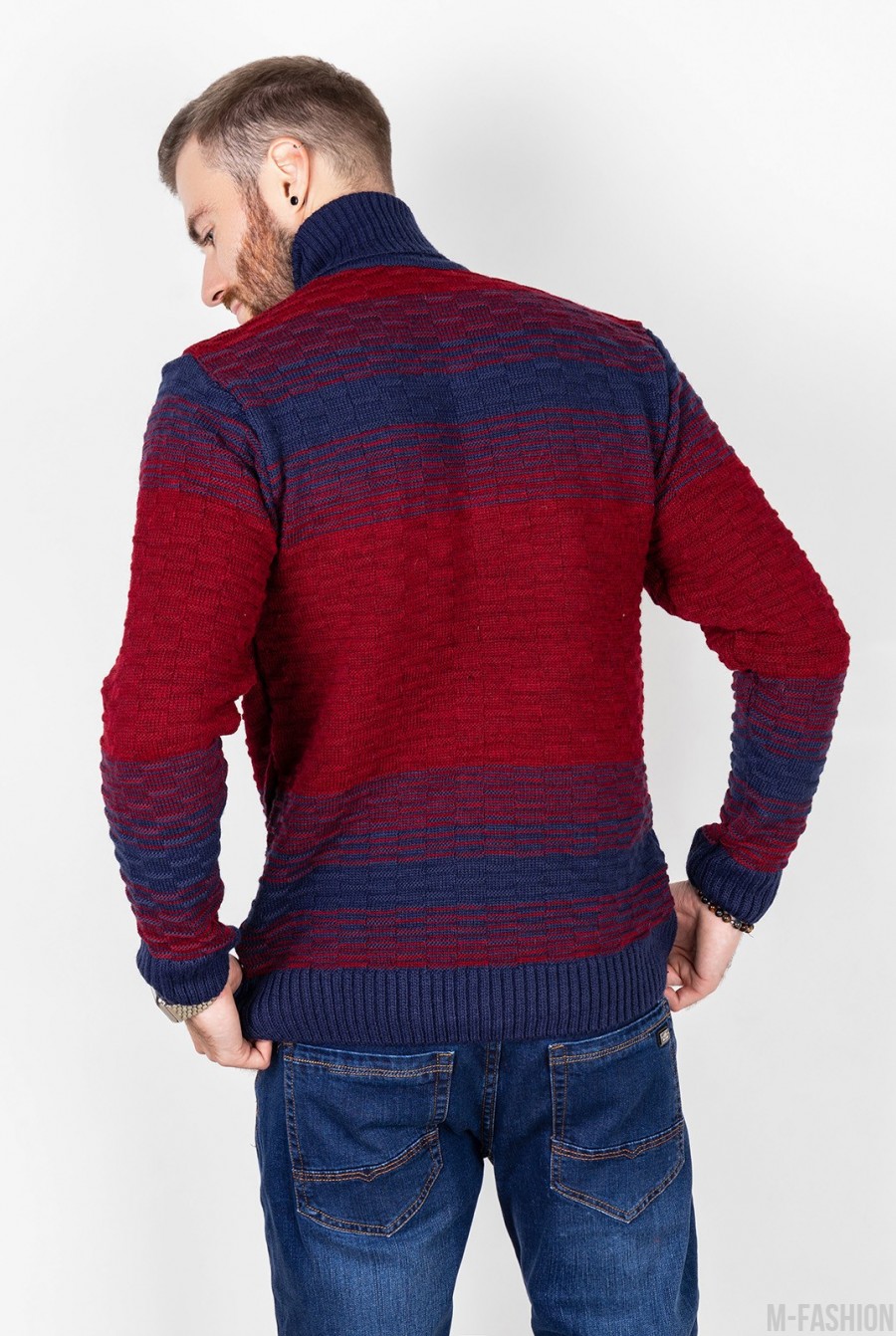 Бордово-синий вязаный свитер с высоким горлом- Фото 2