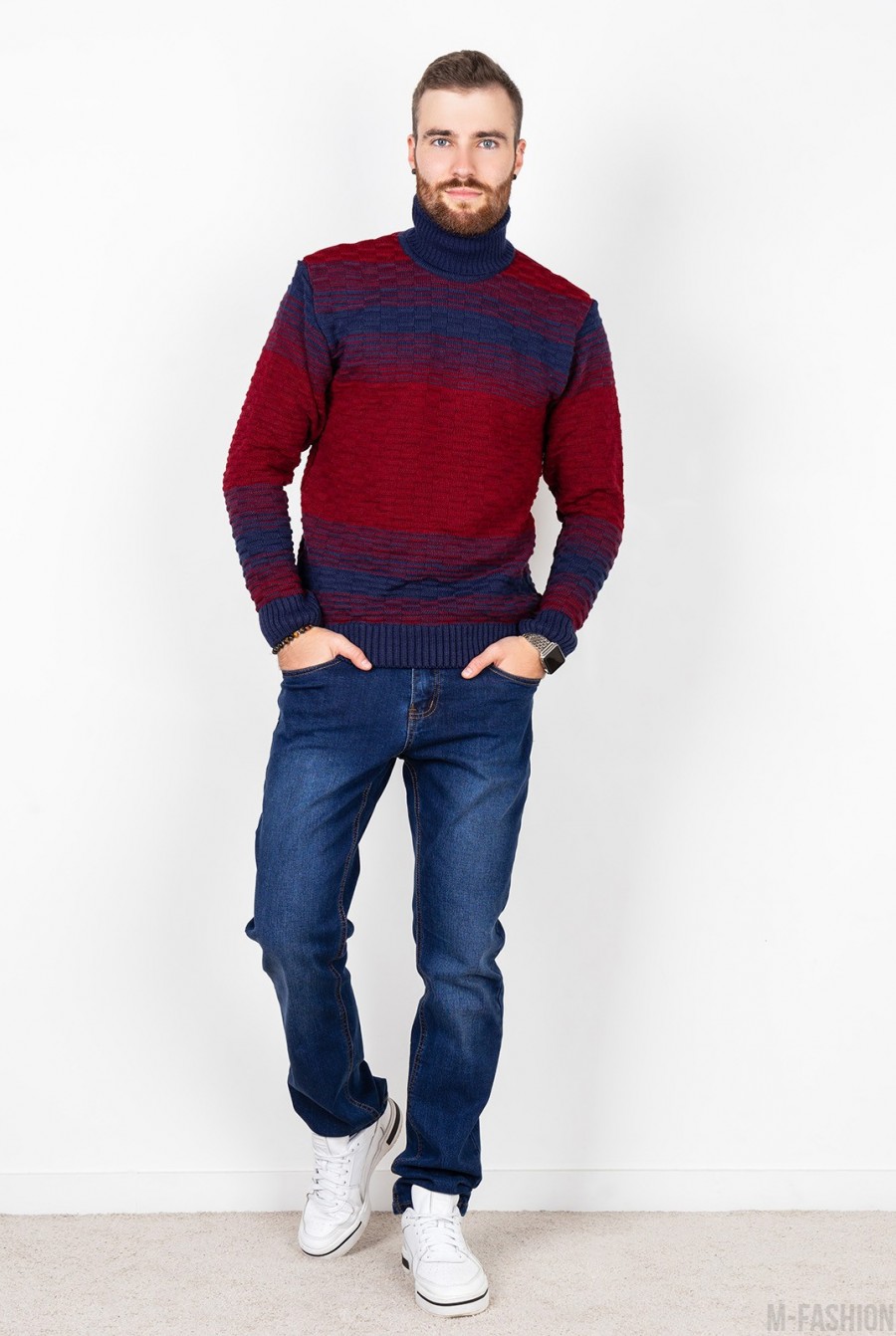 Бордово-синий вязаный свитер с высоким горлом- Фото 4
