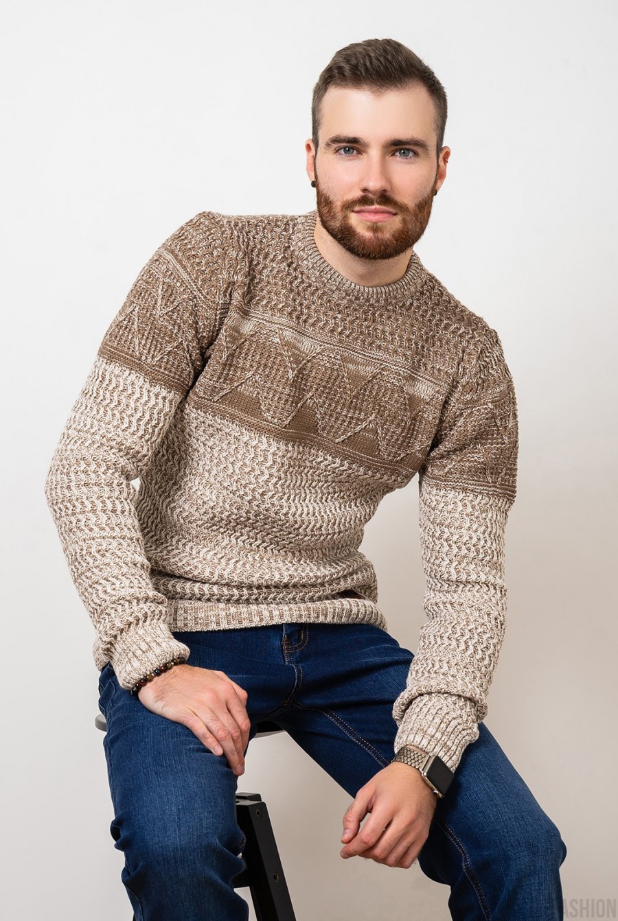 Бежевый шерстяной свитер комбинированной вязки- Фото 4