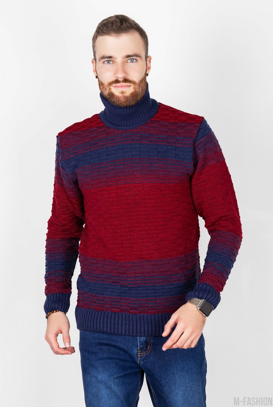 Бордово-синий вязаный свитер с высоким горлом - Фото 1