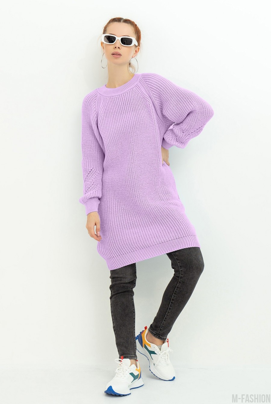 Сиреневый вязаный свитер-платье - Фото 1