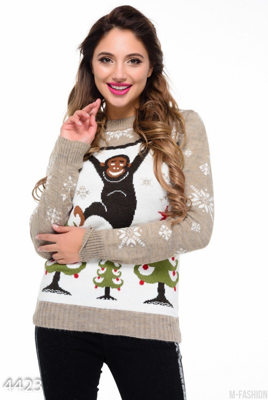 Коричневый рождественский свитер с обезьянкой - Фото 1