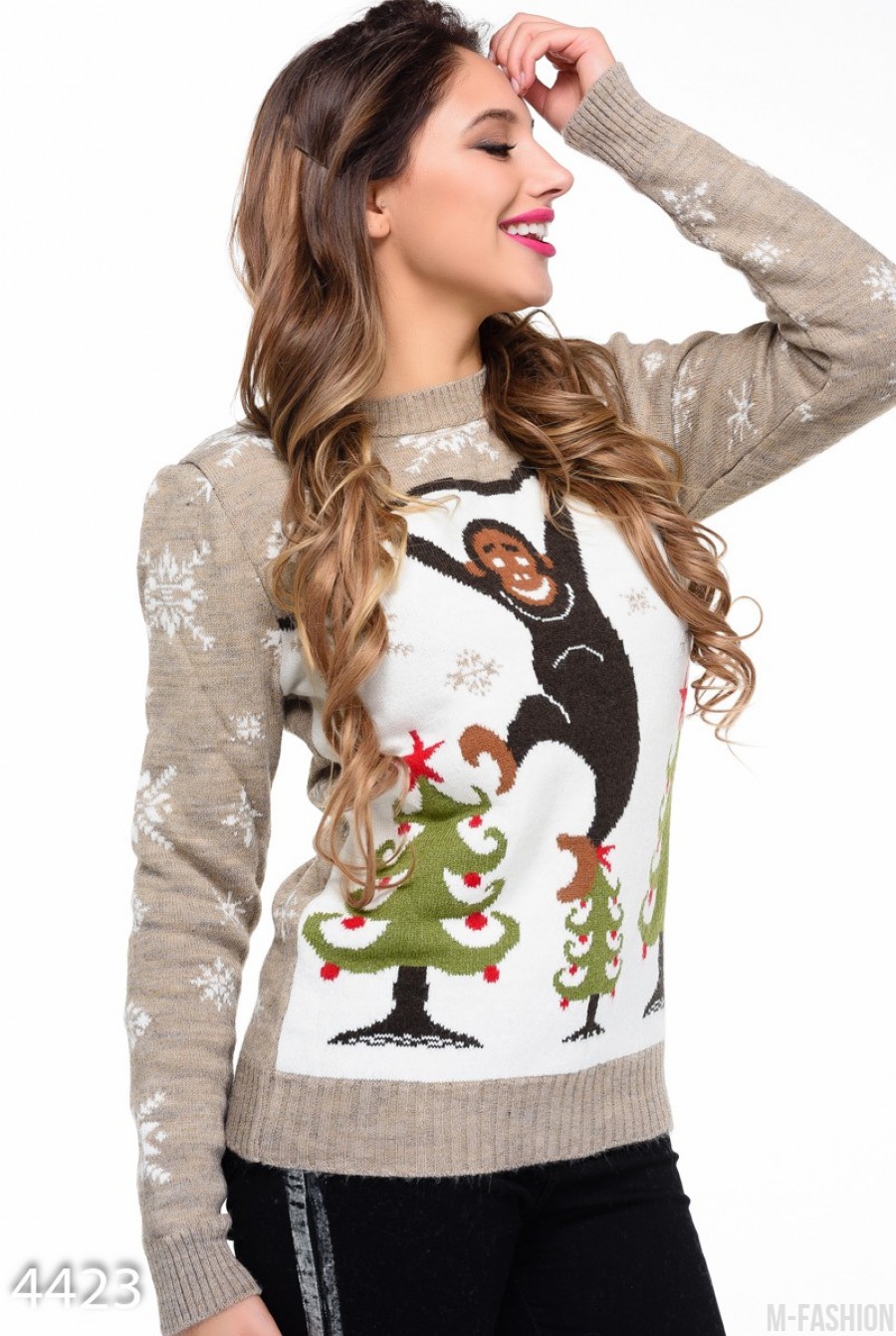 Коричневый рождественский свитер с обезьянкой- Фото 2