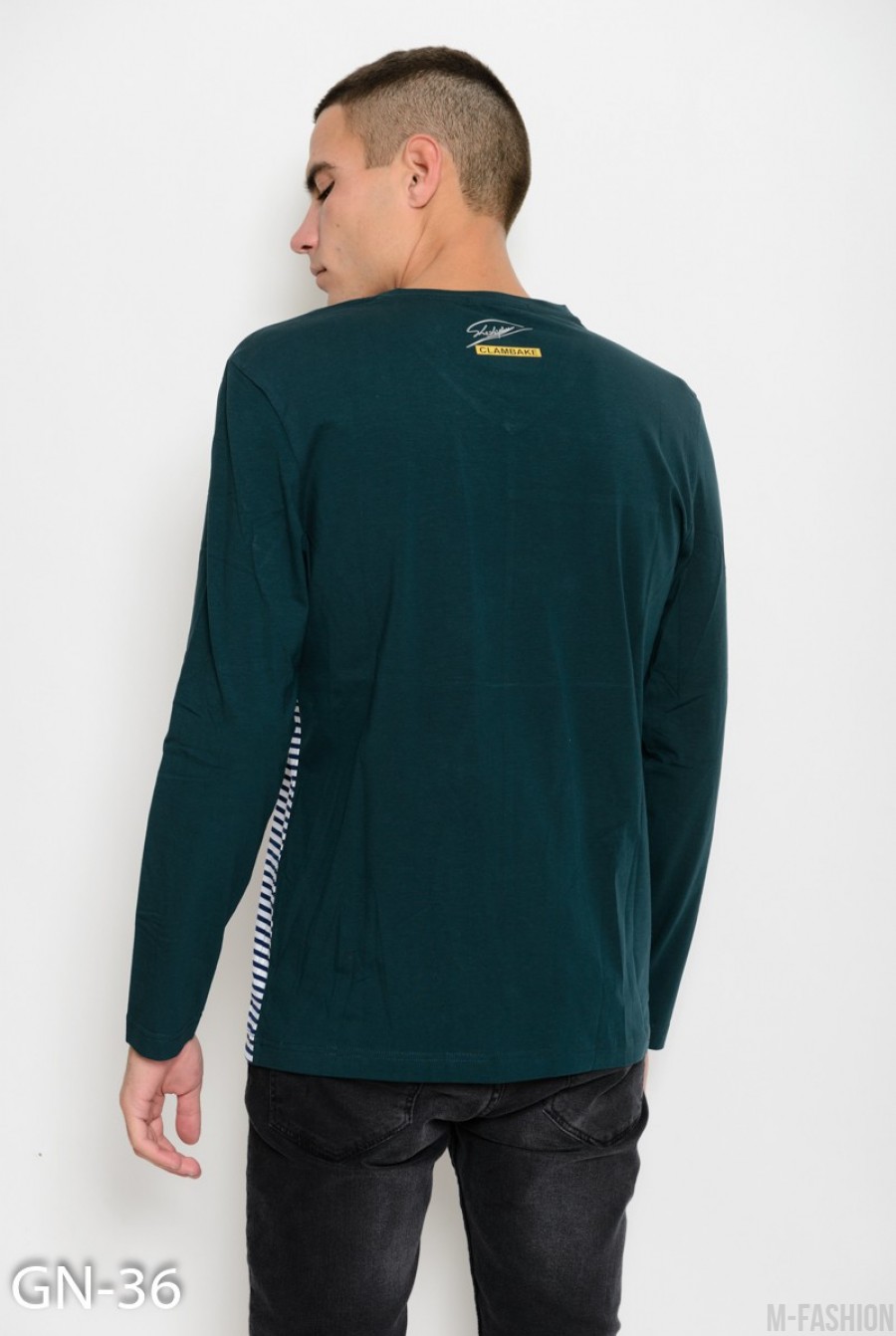 Зеленый с полосатым принтом тонкий трикотажный свитер- Фото 3