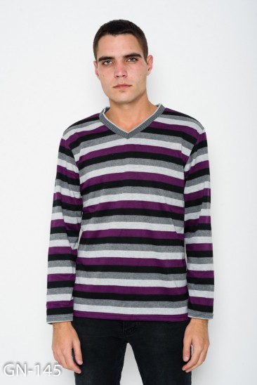 Серо-фиолетовый ангоровый свитер в полоску с V-образной манжеткой на горловине
