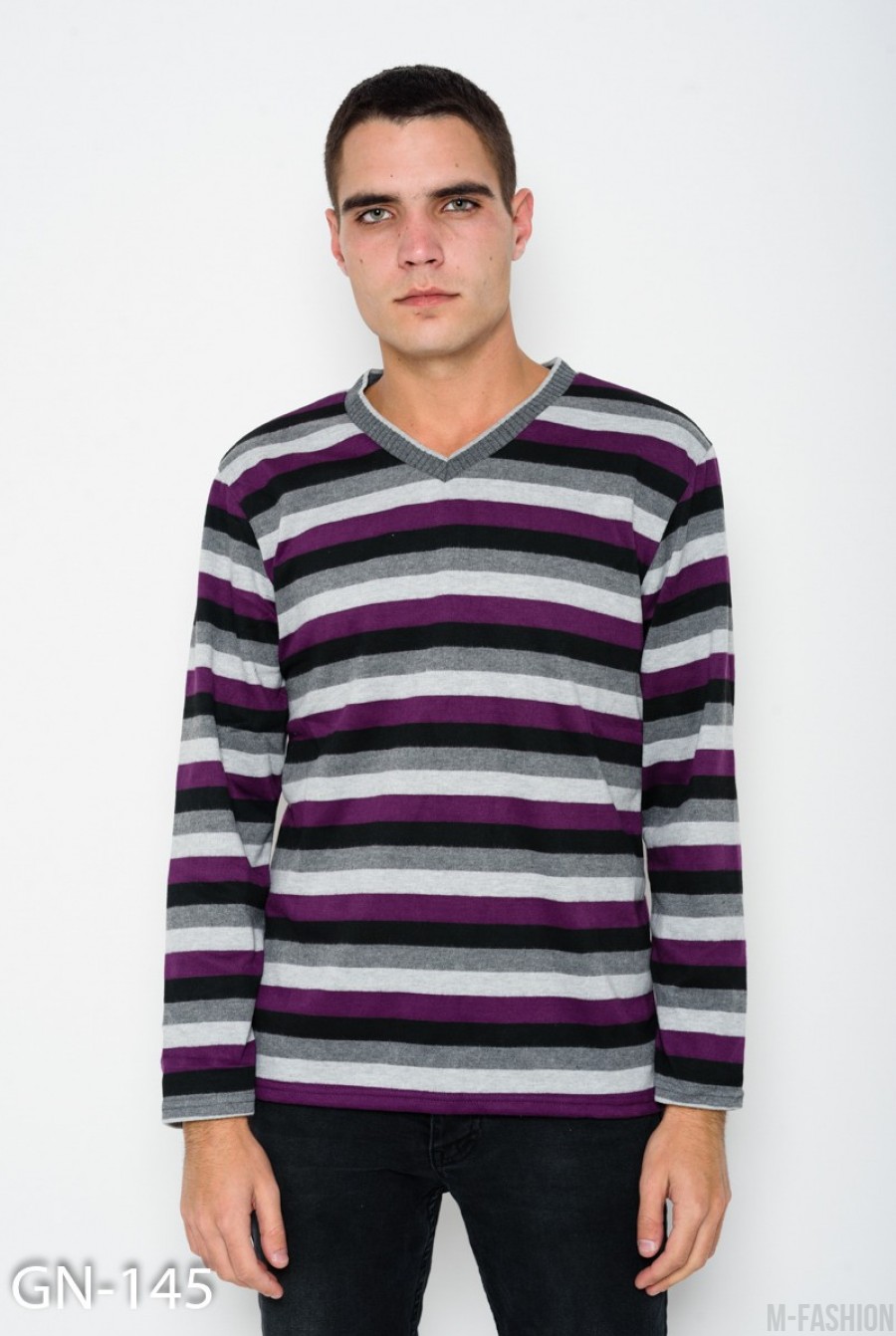 Серо-фиолетовый ангоровый свитер в полоску с V-образной манжеткой на горловине - Фото 1