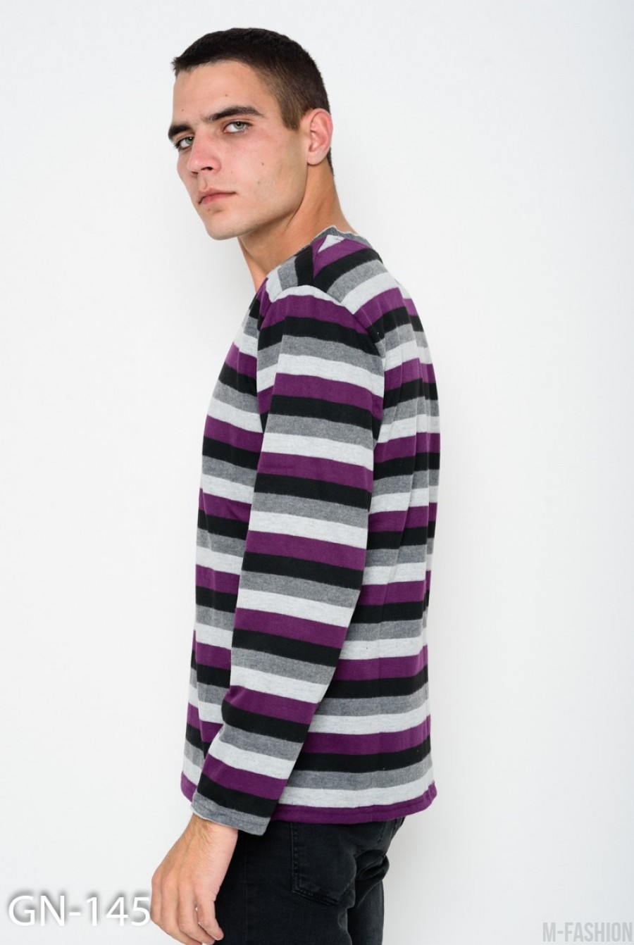 Серо-фиолетовый ангоровый свитер в полоску с V-образной манжеткой на горловине- Фото 2