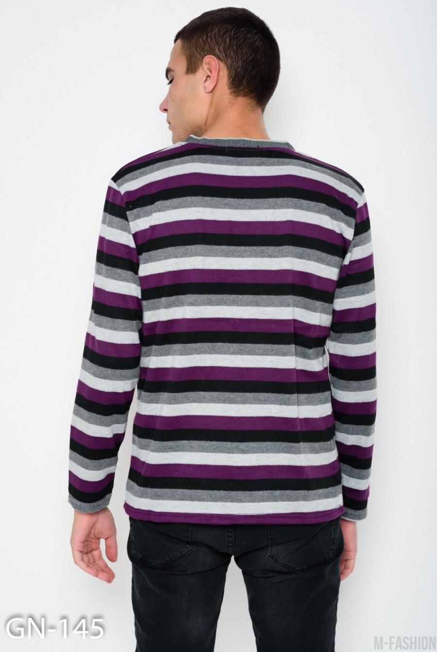 Серо-фиолетовый ангоровый свитер в полоску с V-образной манжеткой на горловине- Фото 3