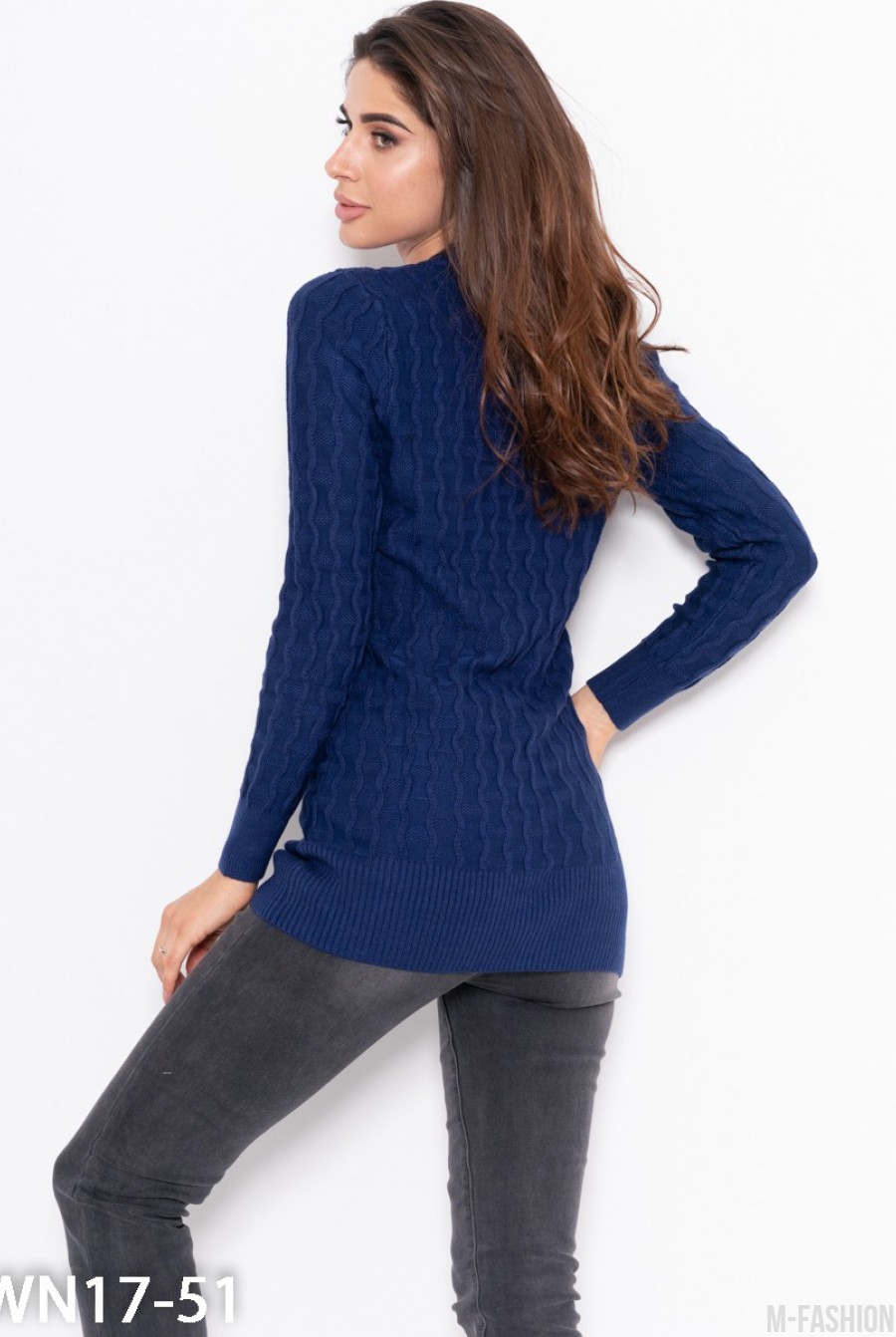 Темно-синий шерстяной вязаный удлиненный свитер- Фото 3