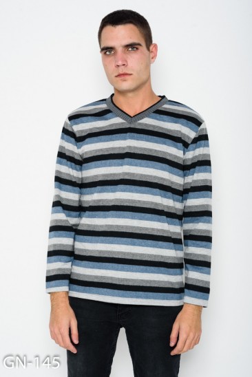 Серо-голубой ангоровый свитер в полоску с V-образной манжеткой на горловине
