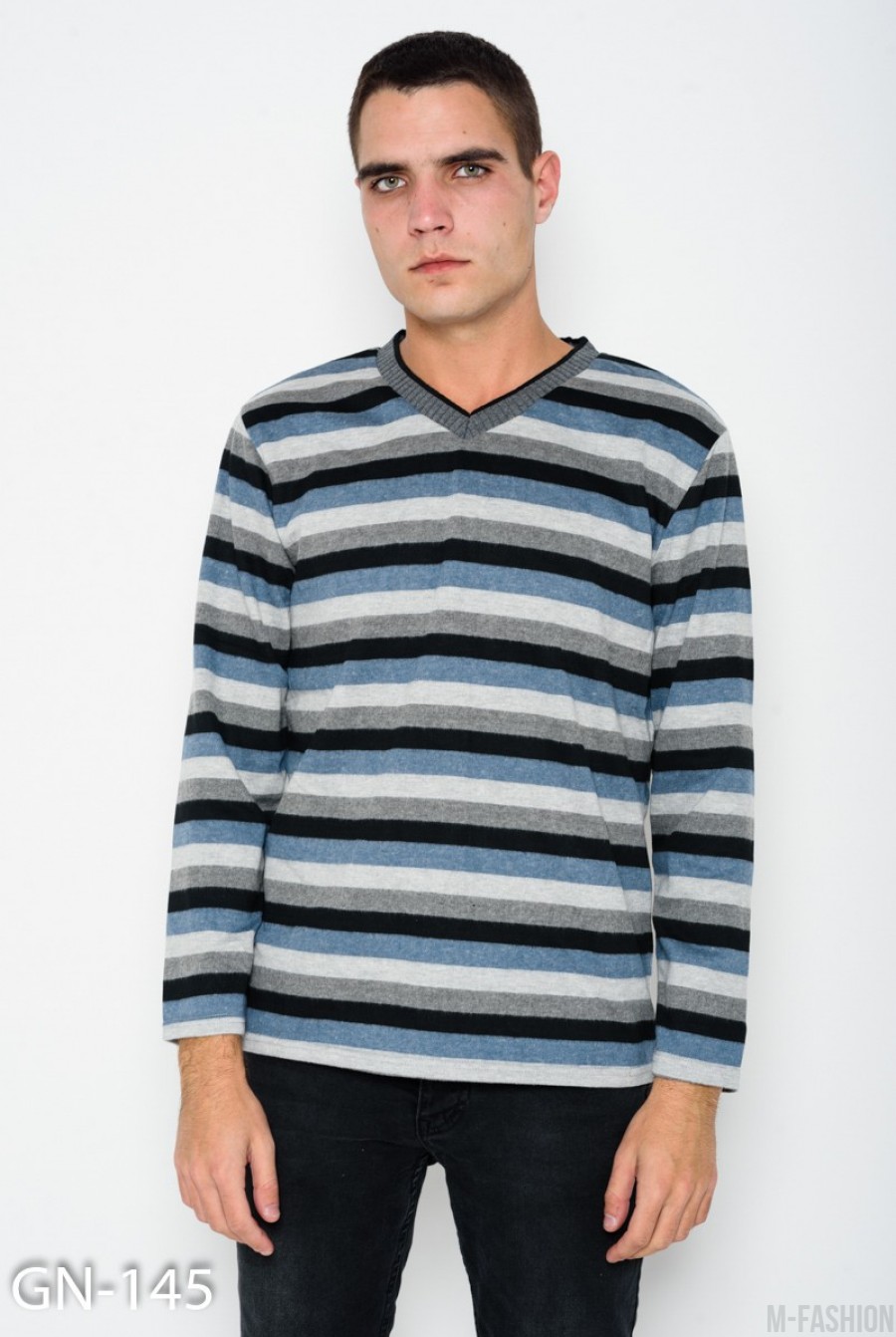 Серо-голубой ангоровый свитер в полоску с V-образной манжеткой на горловине - Фото 1