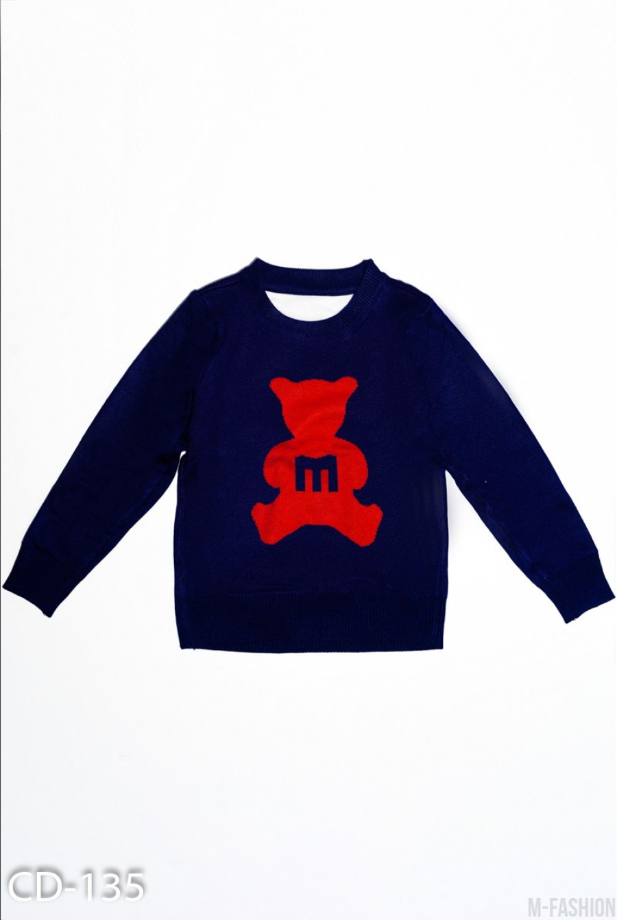 Темно-синий трикотажный свитер с красным мишкой - Фото 1