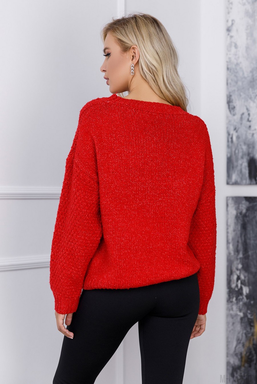 Красный шерстяной свитер комбинированной вязки- Фото 3