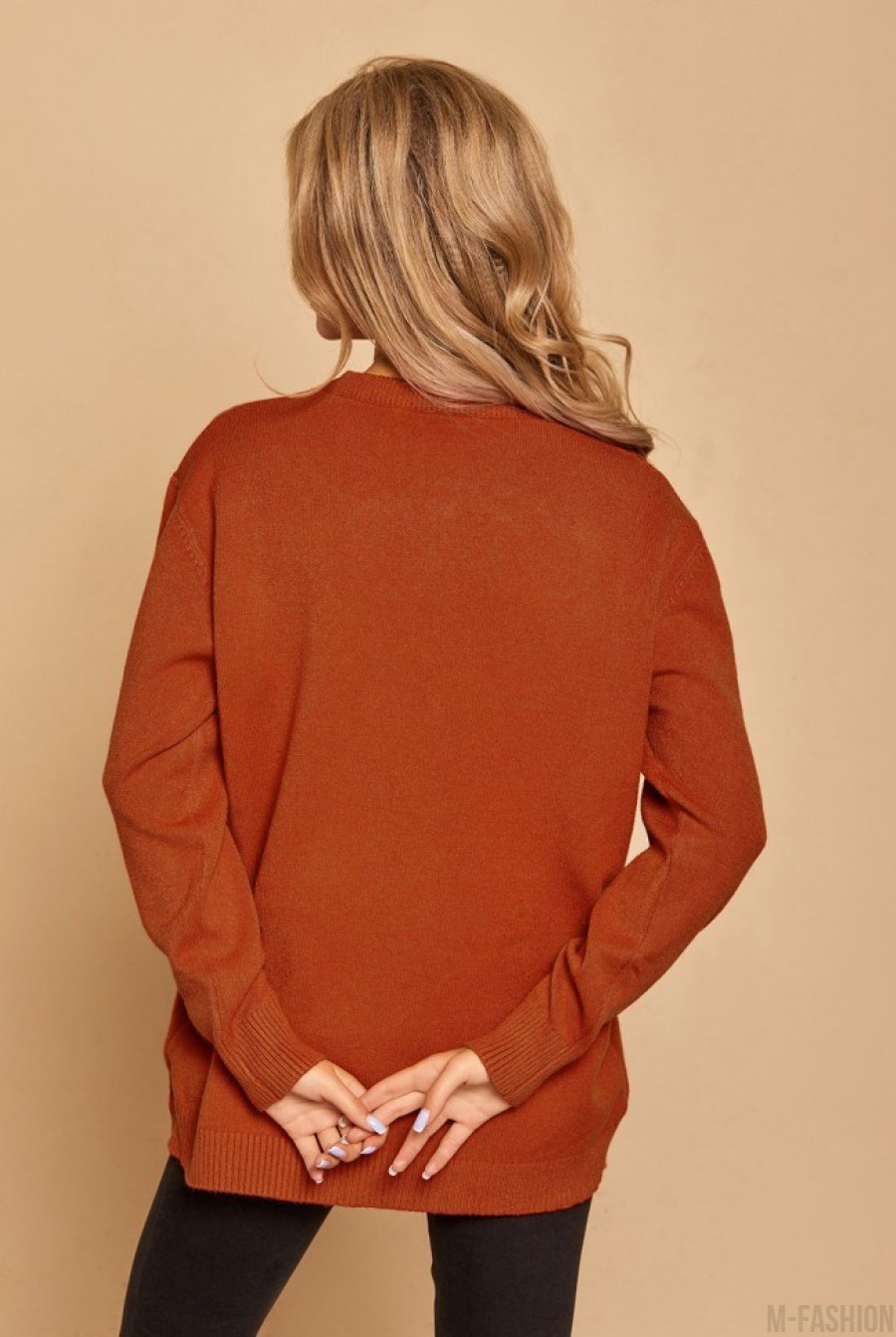 Терракотовый ангоровый свободный свитер с пуговицами- Фото 3