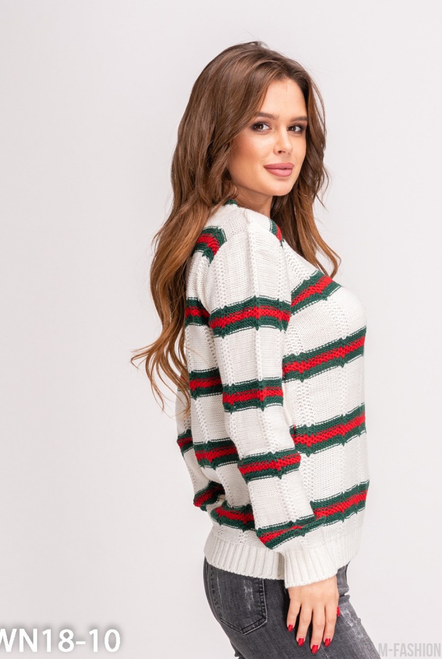 Белый вязаный свитер с красно-зелеными полосками- Фото 3