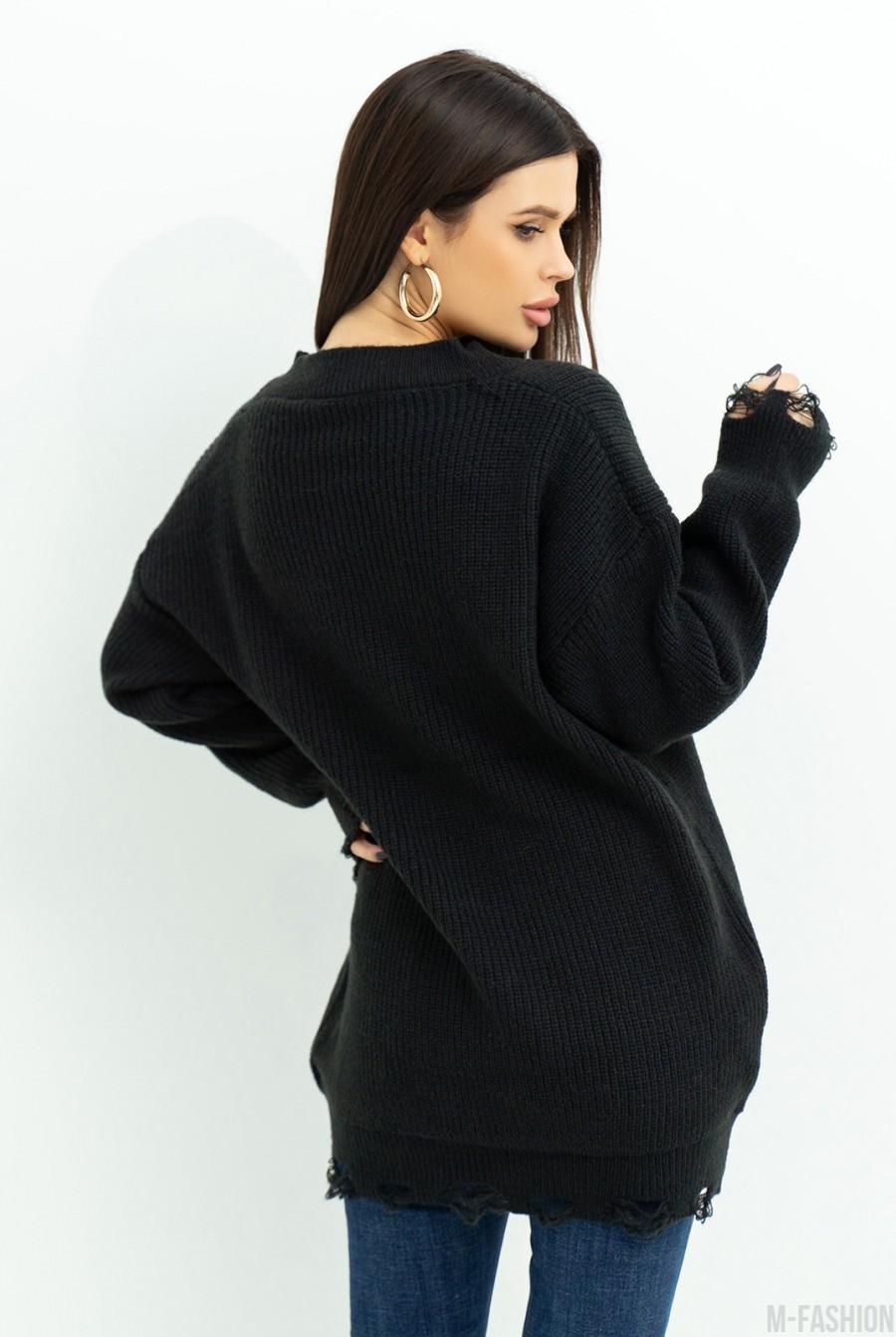 Черный вязаный пуловер с перфорацией- Фото 3