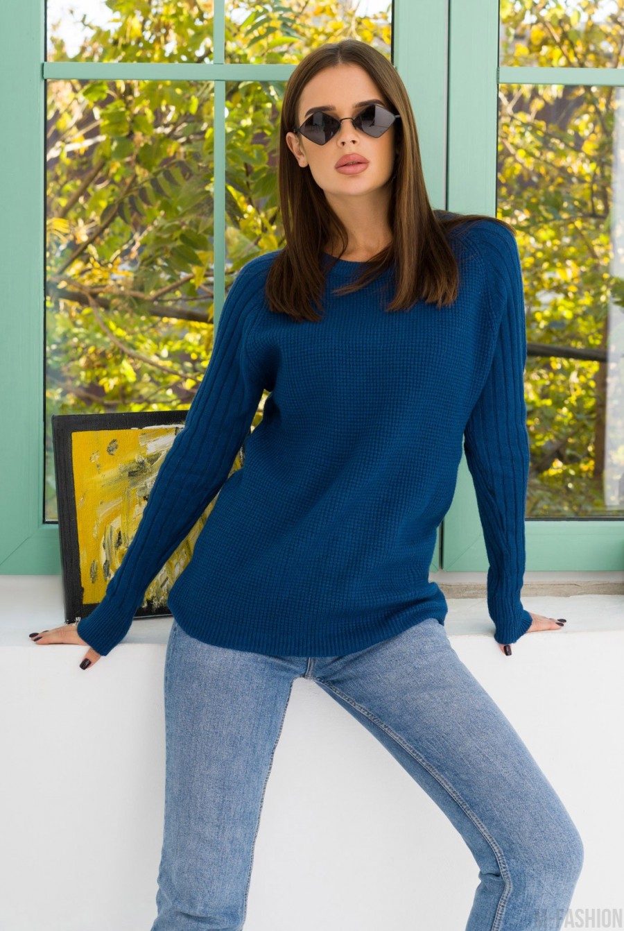 Синий ангоровый свитер комбинированной вязки - Фото 1