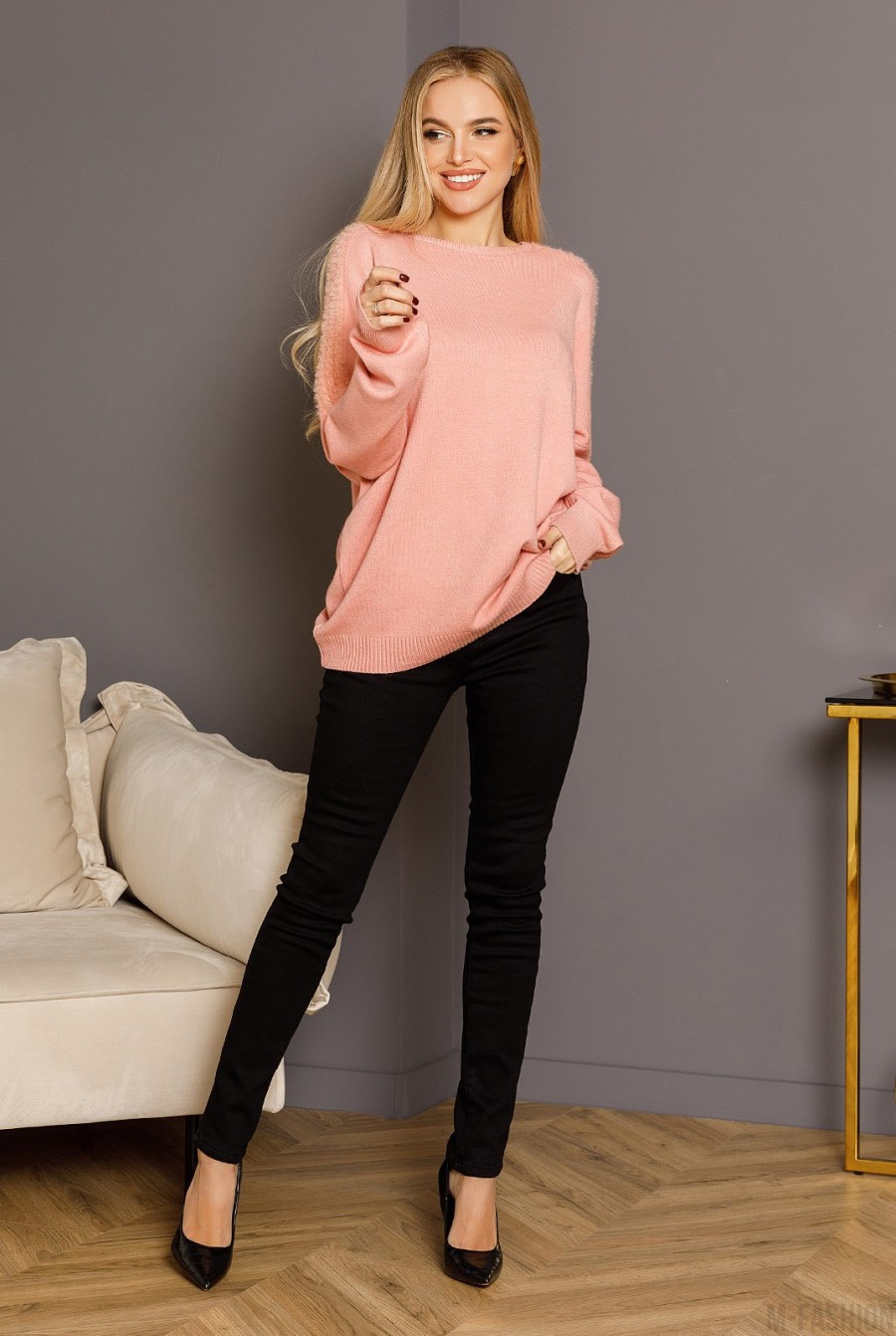 Розовый ангоровый свободный свитер с вставками- Фото 4