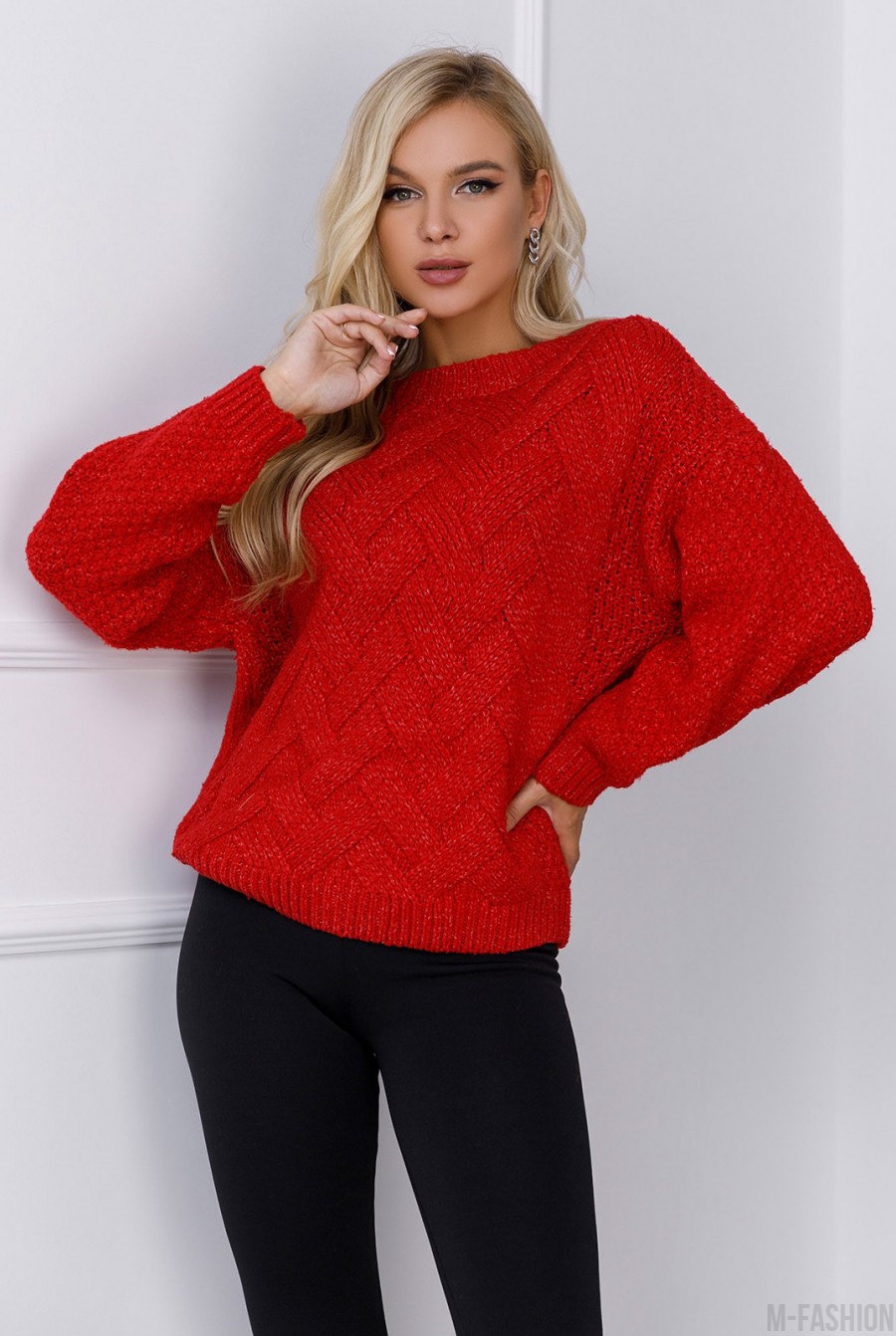 Красный шерстяной свитер комбинированной вязки - Фото 1