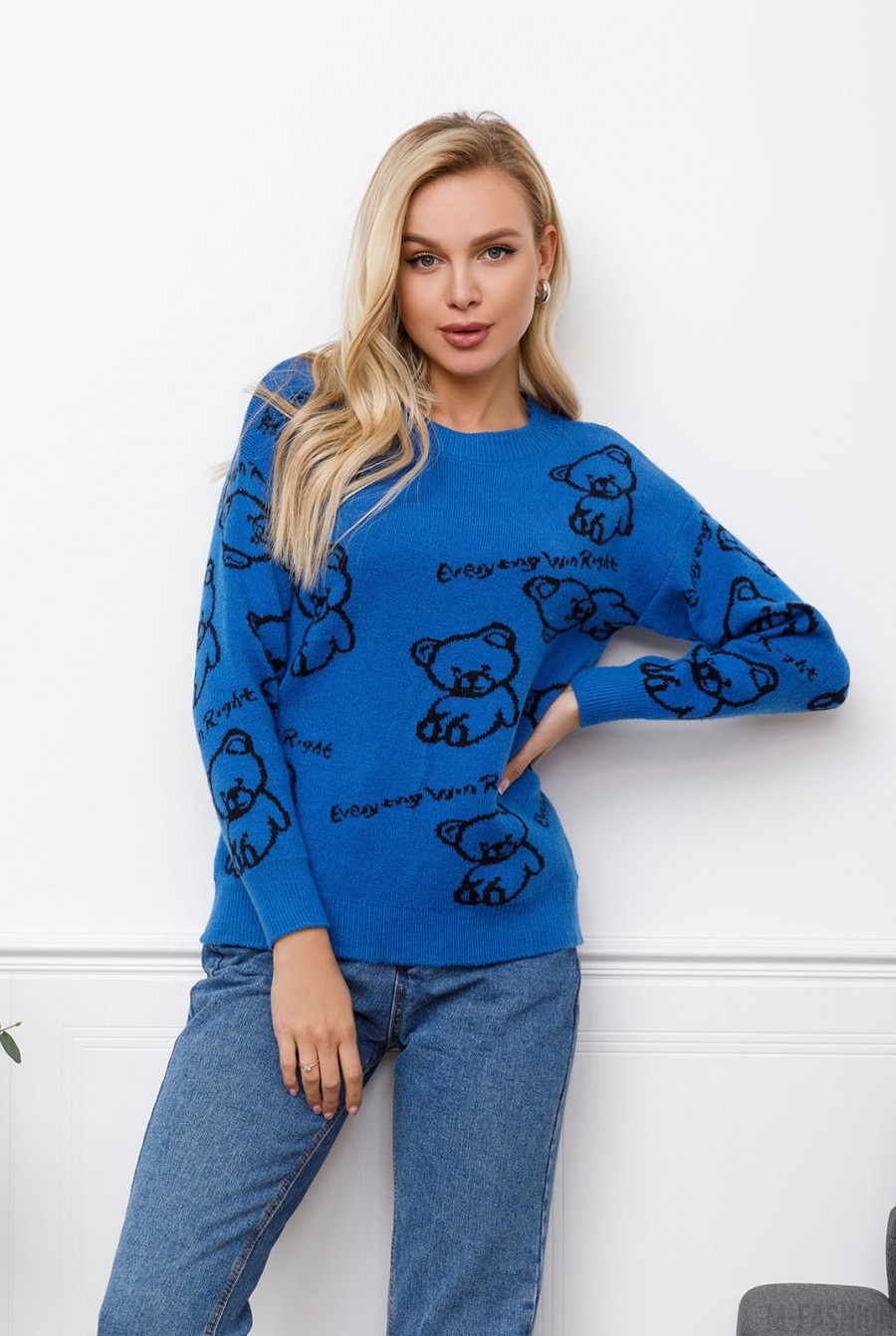 Синий шерстяной свитер с мишками - Фото 1
