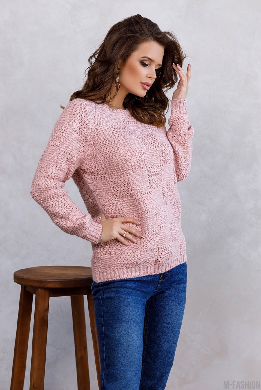 Розовый шерстяной клетчатый свитер с люрексом- Фото 2