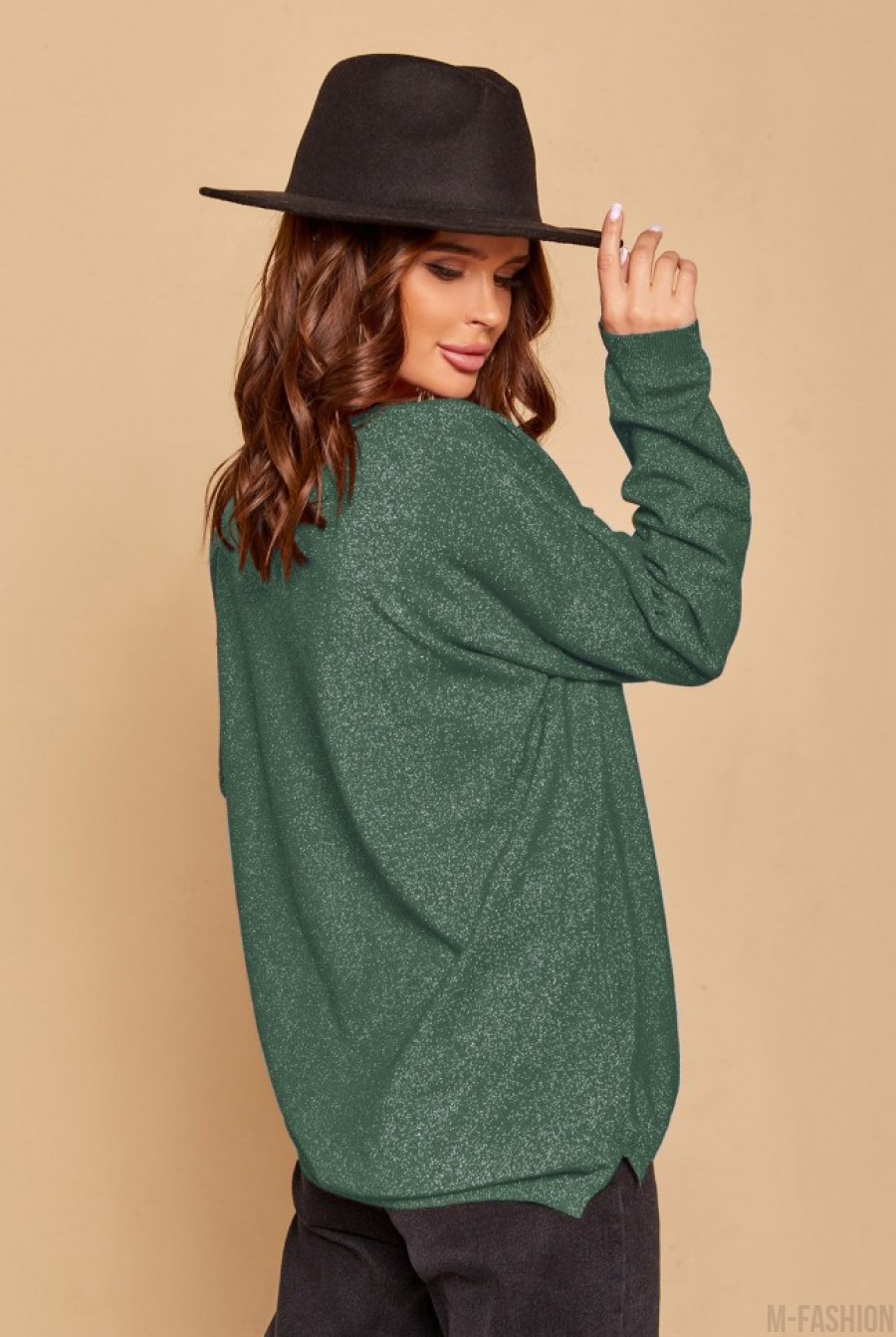 Зеленый свободный свитер с люрексом- Фото 2