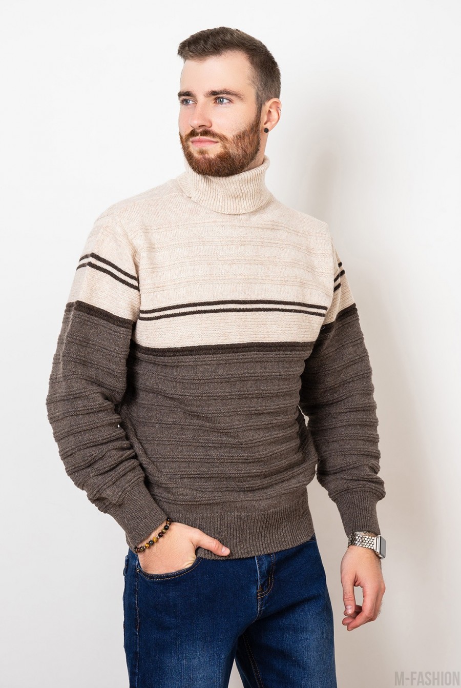 Бежевый шерстяной свитер с высоким горлом - Фото 1
