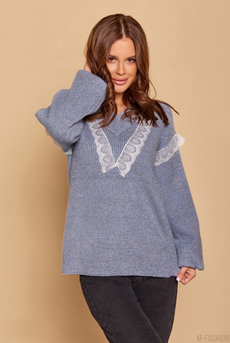 Сиреневый шерстяной пуловер с кружевом - Фото 1