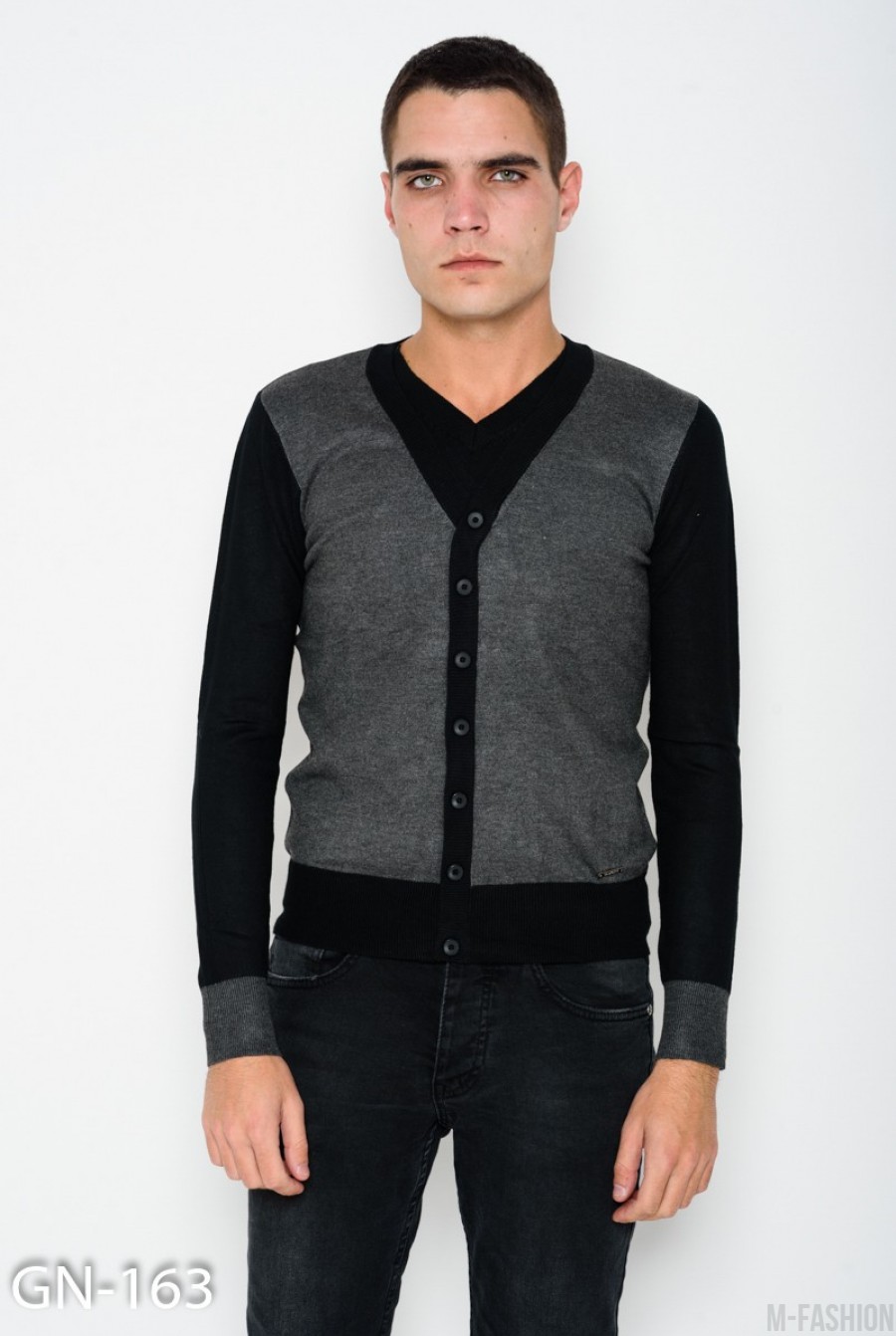 Темно-серый ангоровый свитер с пуговицами и V-образной горловиной - Фото 1