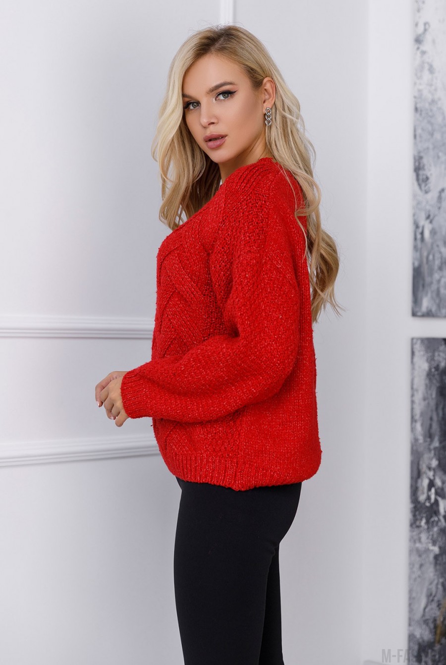 Красный шерстяной свитер комбинированной вязки- Фото 2