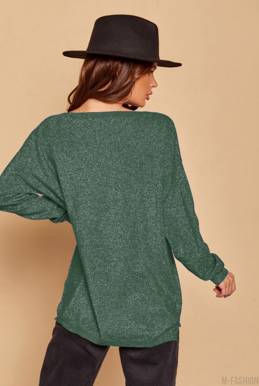 Зеленый свободный свитер с люрексом- Фото 3
