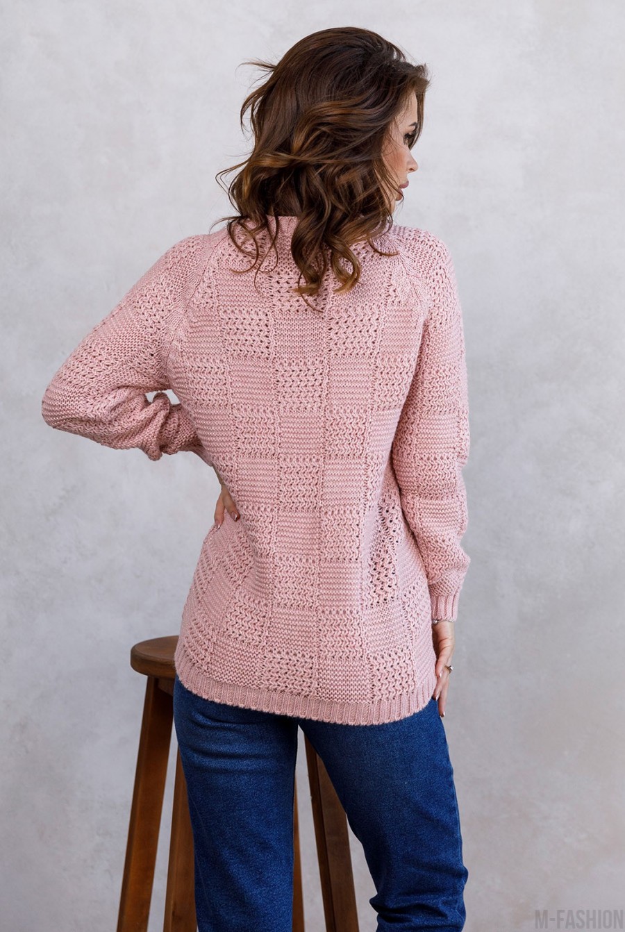 Розовый шерстяной клетчатый свитер с люрексом- Фото 3