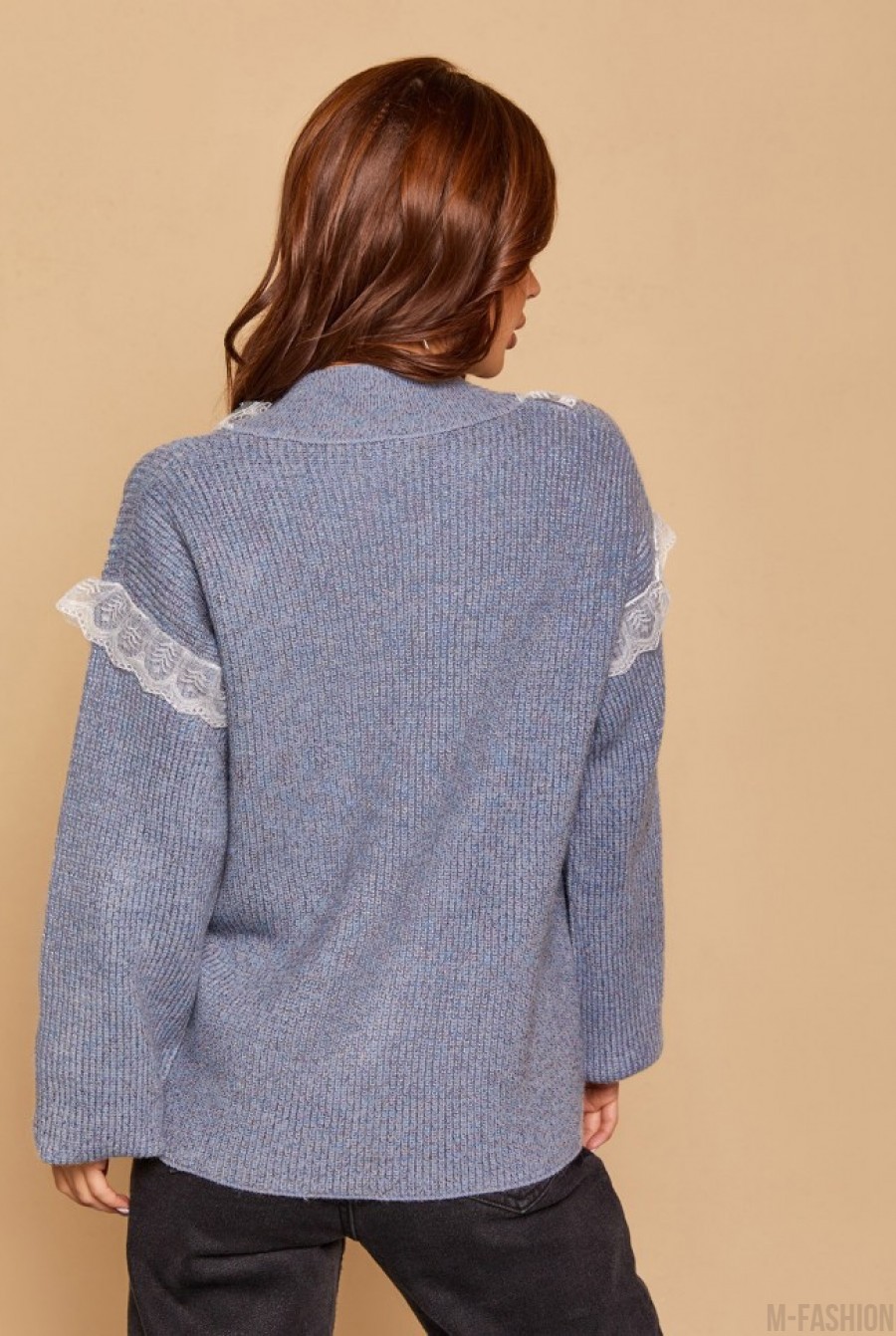Сиреневый шерстяной пуловер с кружевом- Фото 3
