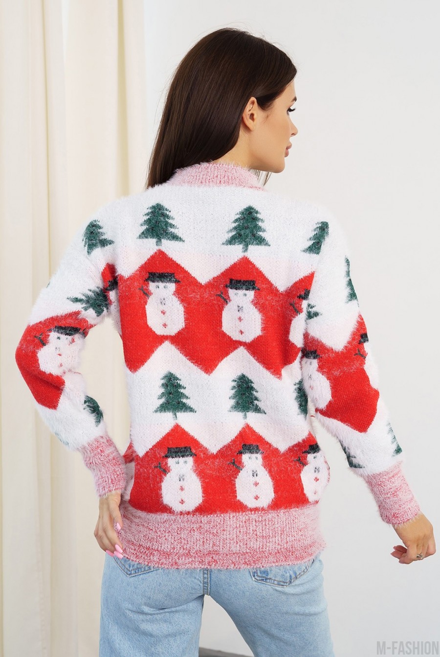 Мохеровый красный теплый свитер со снеговиками- Фото 3